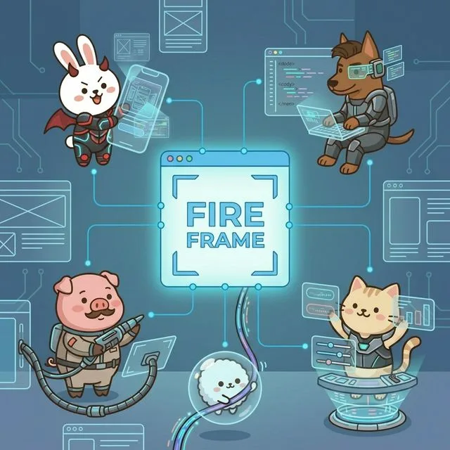 火框的五隻品牌角色穿著科技裝甲，圍著中央發光的 FIRE FRAME 視窗，分別操作手機、程式碼、線路與控制面板的插畫。
